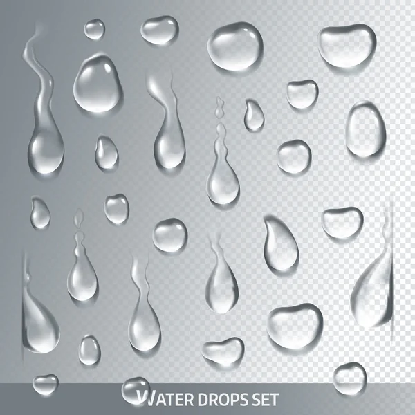 Gotas realistas de agua pura y clara sobre fondo gris claro. Vector aislado — Vector de stock