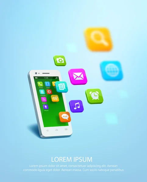 Gerçekçi beyaz smartphone ile bulut uygulama renkli simgeler. Vektör çizim Vektör Grafikler