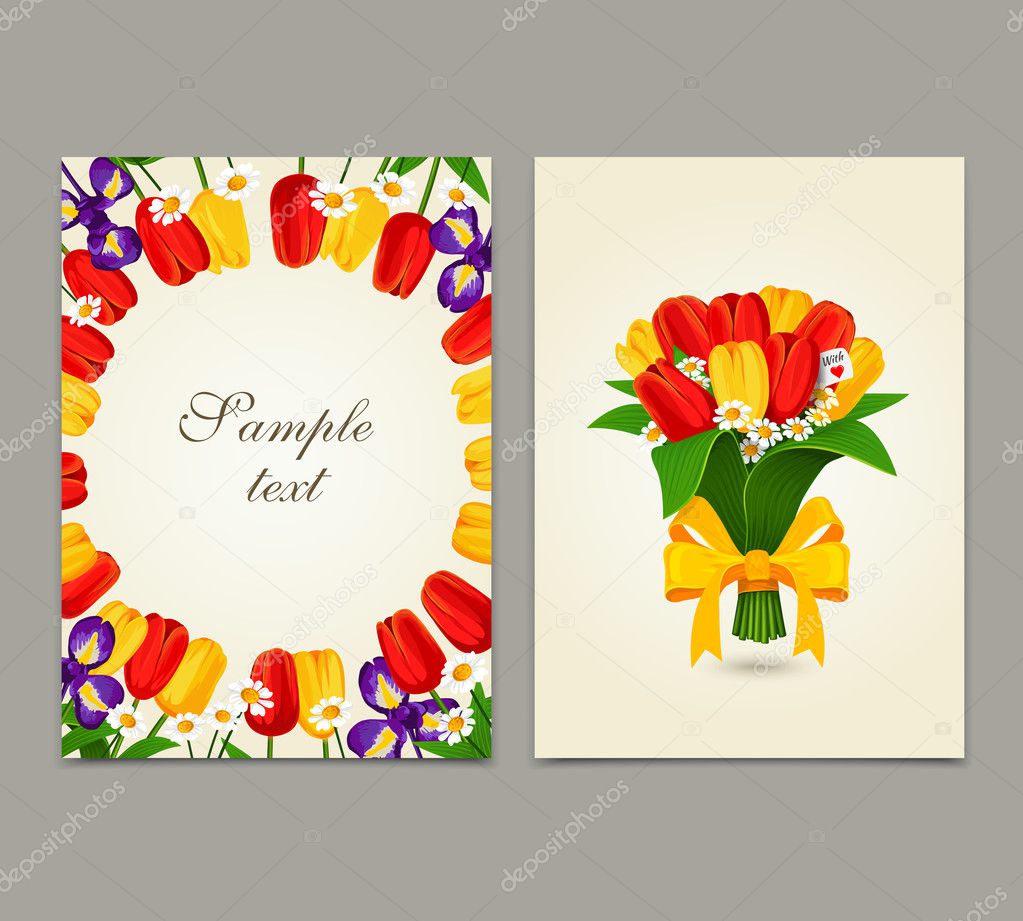 Flowers background, bouquet tulips. Vector template design of flyer, brochure