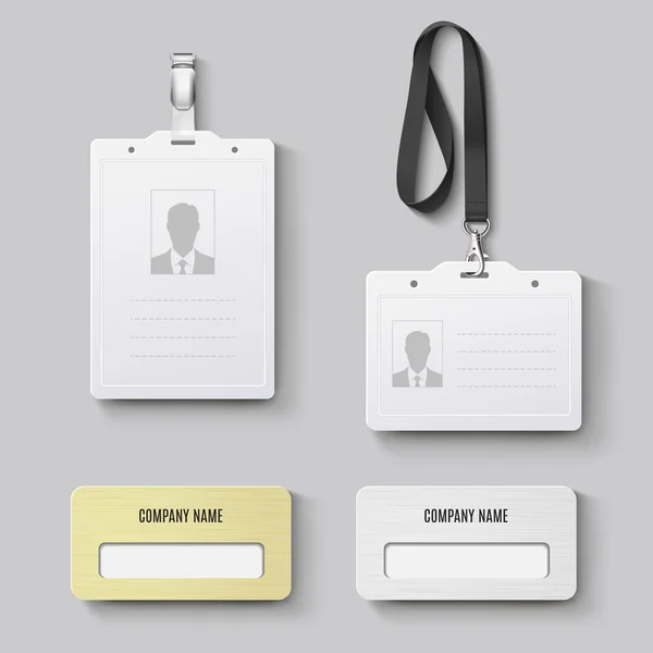Witte lege plastic met gesp lanyards identificatie badge en metalen goud, zilver naamkaartje. Geïsoleerde vectorillustratie — Stockvector