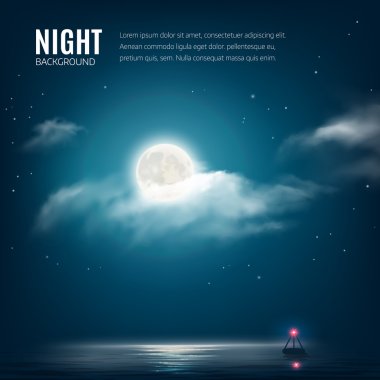Gece doğa arka plan bulutlu gökyüzü yıldız, ay ve deniz feneri ile sakin. Vektör çizim