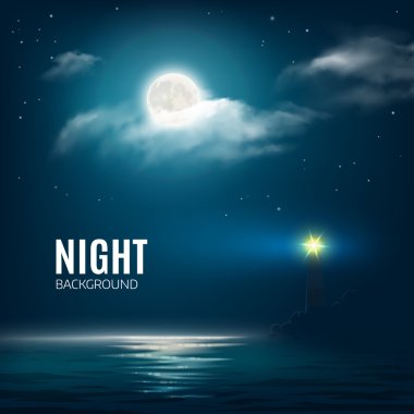 Gece doğa bulutlu gökyüzü yıldız, ay ve deniz feneri ile sakin. Vektör çizim
