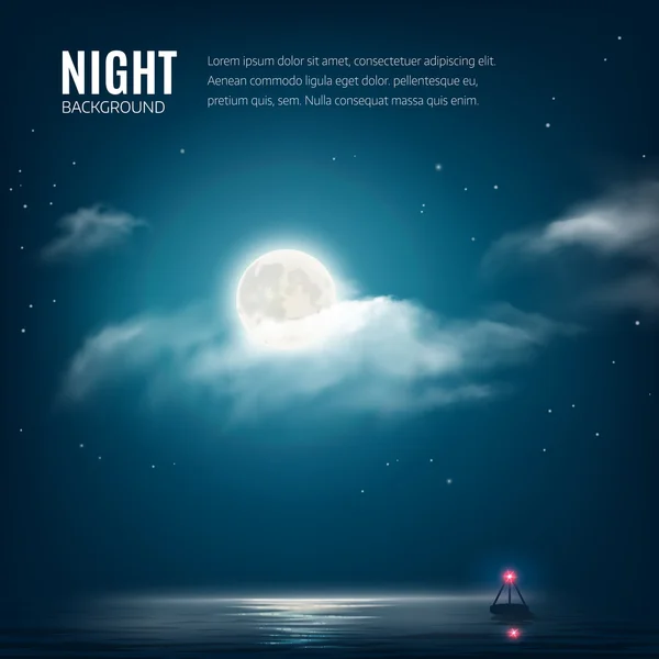 Night nature background cloudy sky with stars, moon and calm sea with beacon. Vector illustration — Stock Vector