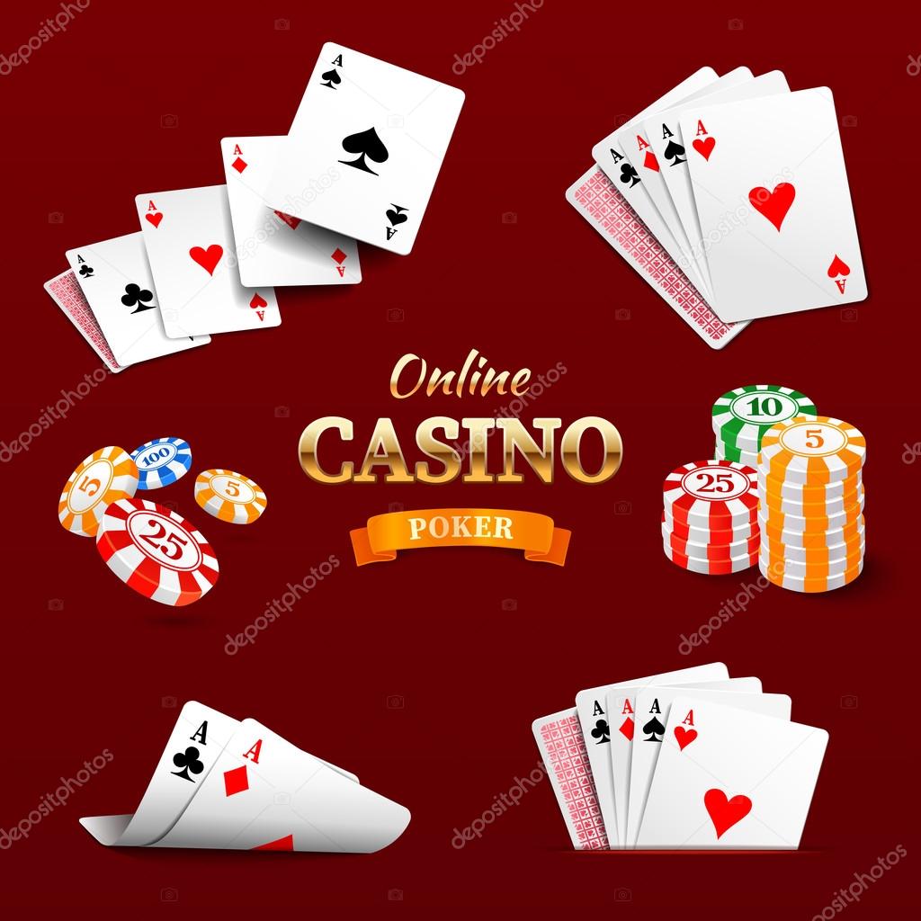 Casino design elements poker chips, playing cards and craps. Poker emblem
