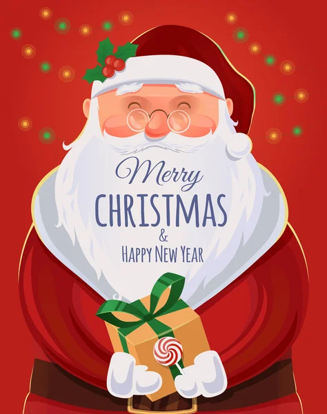 Cartão de Natal, cartaz. Retrato do Pai Natal. Pai Natal engraçado. Ilustração vetorial. Feliz Natal e Feliz Ano Novo —  Vetores de Stock