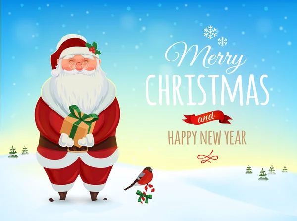 Рождественская открытка, плакат. Забавный Санта. Зимний пейзаж. Векторная иллюстрация. С Новым годом и Рождеством! — стоковый вектор