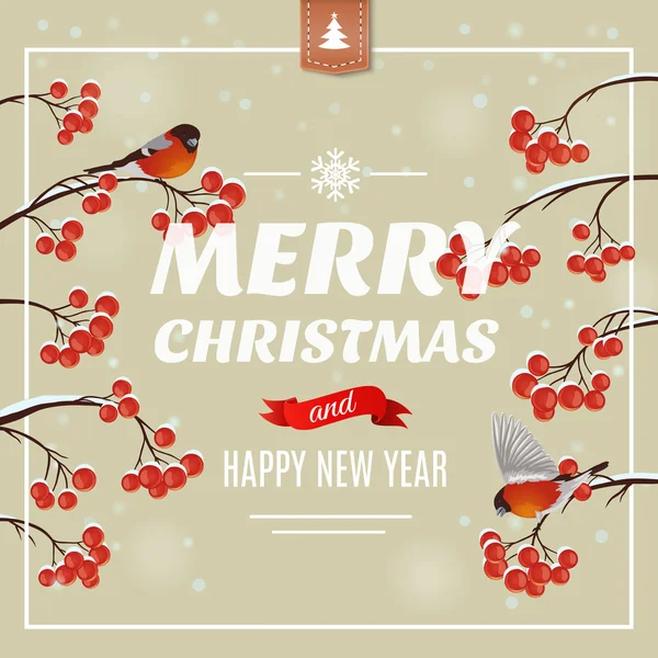 Carte de voeux de Noël, affiche. Bullfinch oiseau sur une branche avec des baies. Illustration vectorielle. Joyeux Noël et bonne année — Image vectorielle