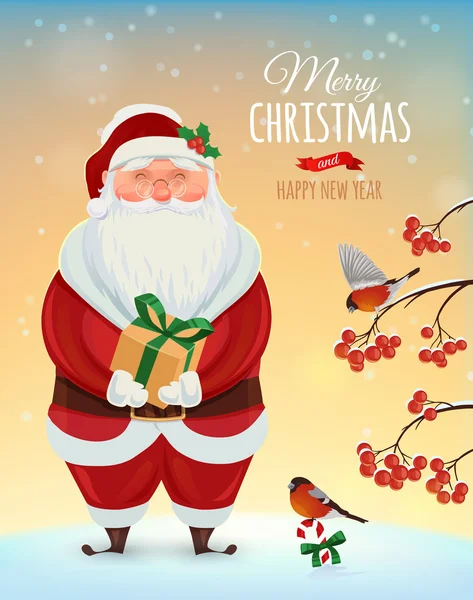Рождественская открытка, плакат. Забавный Санта на фоне зимнего пейзажа и куста с ягодами. Векторная иллюстрация. С Новым годом и Рождеством! — стоковый вектор