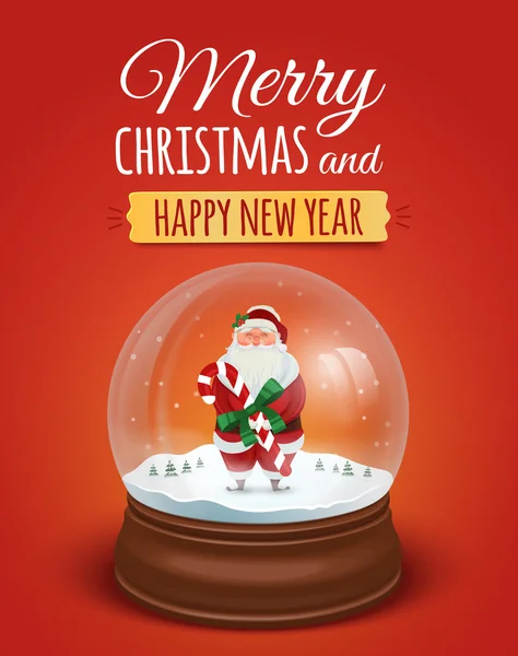 Cartão de Natal, cartaz com o Pai Natal no globo de neve. Ilustração vetorial. Feliz Natal e feliz ano novo lettering texto —  Vetores de Stock