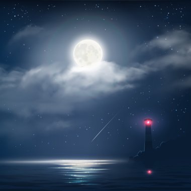 Gece bulutlu gökyüzü yıldızlar, ay ve deniz feneri ile vektör çizim