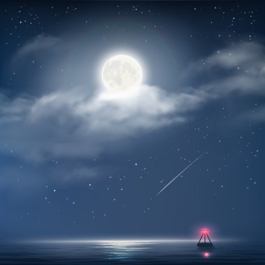 Gece bulutlu gökyüzü yıldızlar, ay ve deniz feneri ile vektör çizim