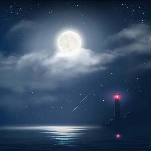 Vektorové ilustrace zataženo noční oblohu s hvězdami, měsícem a moře s majákem — Stockový vektor