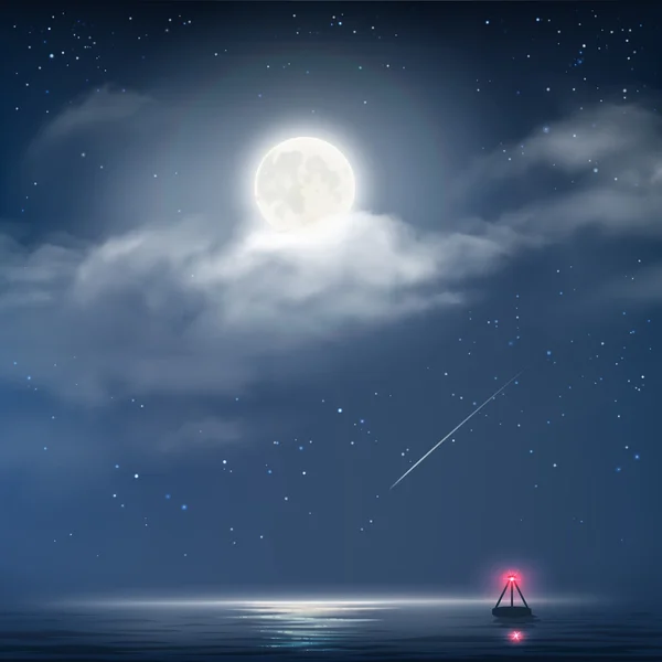 Illustration vectorielle du ciel nuageux nocturne avec étoiles, lune et mer avec balise — Image vectorielle