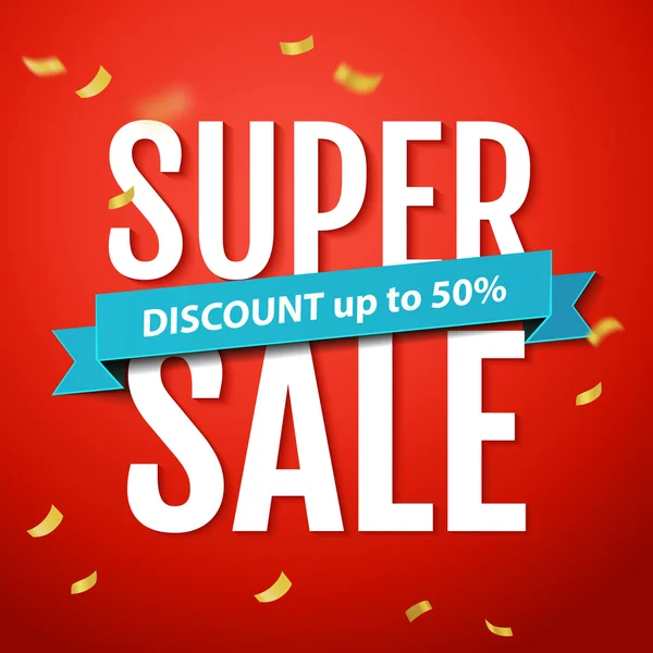 Надпись "Super Sale" на красном фоне с конфетти. Баннер Супер Продажа, плакат. Векторная иллюстрация — стоковый вектор