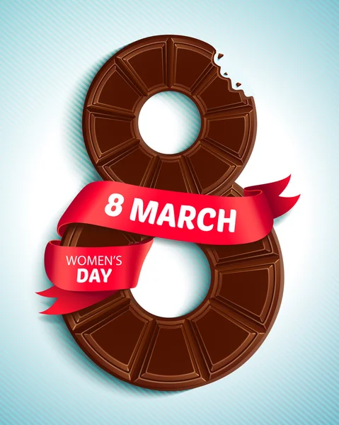 8 Mart kadınlar günü. Çikolata ve kırmızı kurdele ile tebrik kartı