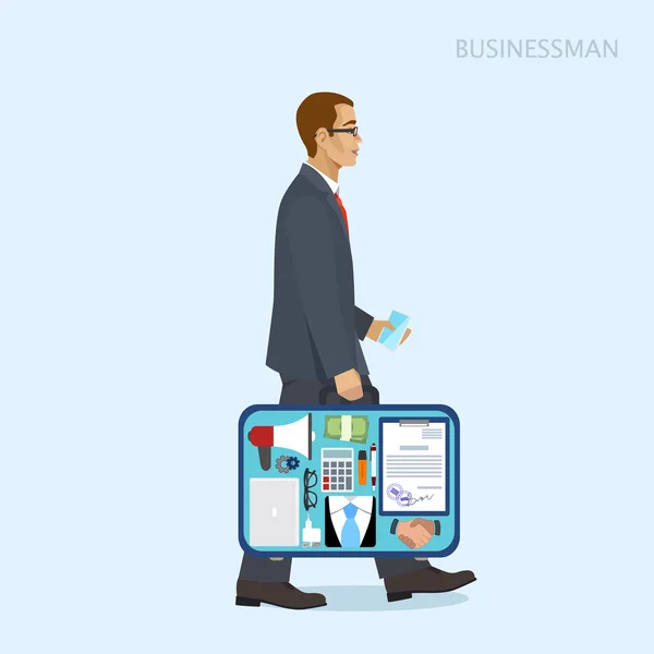 Businessman in a suit with an open suitcase, vector — Stock Vector