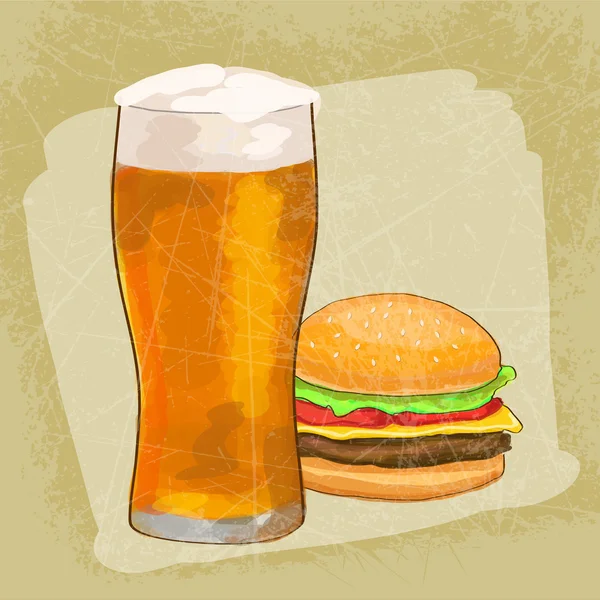 Cheesburger with beer grunge background. Vector illustration — Stockový vektor
