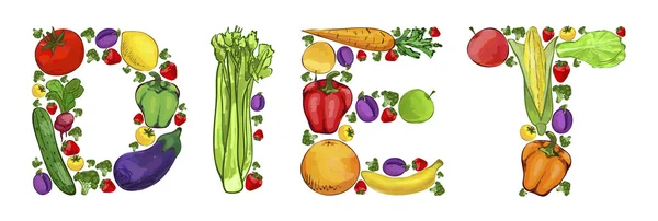 Dieta. La palabra de las verduras y frutas. Ilustración vectorial — Vector de stock