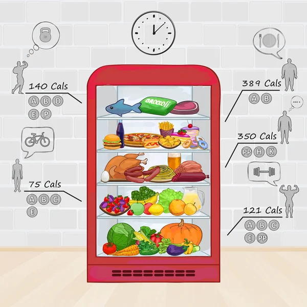 Réfrigérateur avec nourriture. Ensemble de produits, vitamines, calories. Vecto — Image vectorielle