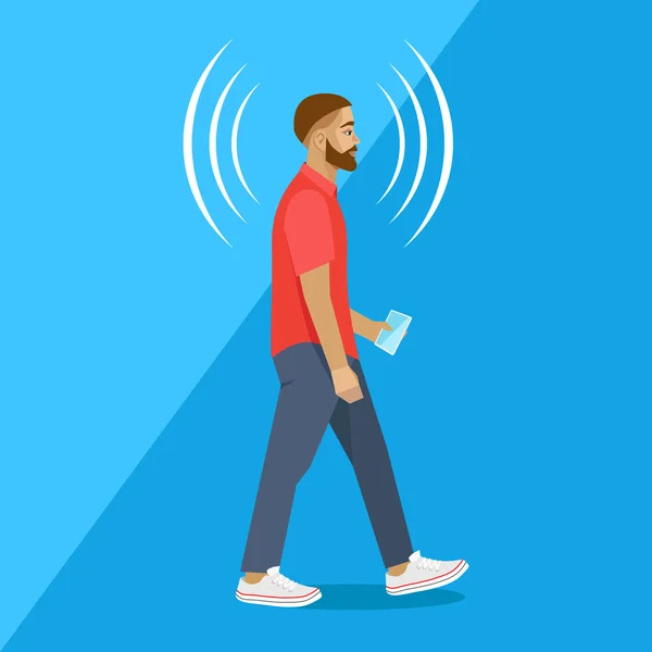 Modern man walks with a smartphone. Connection — Stock Vector