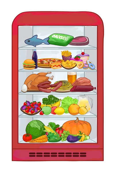 Lednice s jídlem. Sada výrobků. Vektorové ilustrace — Stockový vektor