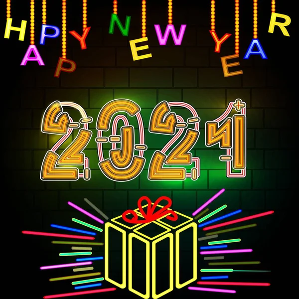 2021 Feliz Año Nuevo Tarjetas Felicitación Neón Volantes Pancartas Signo — Vector de stock