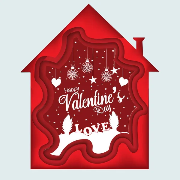 Happy Valentine Day Paper Cut House Vector Illustration Bright Valentine — Stock Vector