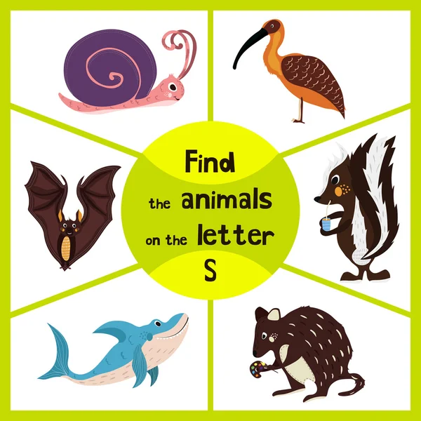 Funny learning maze game, find all 3 cute wild animals with the letter S, forest skunk, shark predatory sea slug and the snail. Educational page for children. Vector — ストックベクタ