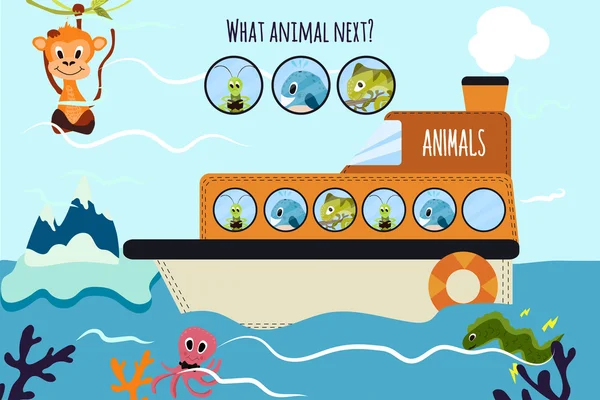 Cartoon Vector Ilustração da Educação vai continuar a série lógica de animais coloridos em um barco no oceano entre os peixes do mar. Jogo de correspondência para crianças pré-escolares. Vetor —  Vetores de Stock