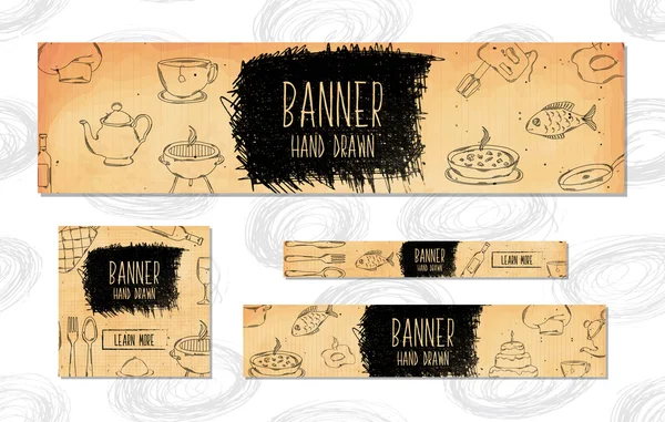 Web Banners για ιστοσελίδες 4 διαφορετικά μεγέθη σε στυλ ρετρό χέρι που. Μαγείρεμα, το ψήσιμο και Vector μπάρμπεκιου. — Διανυσματικό Αρχείο