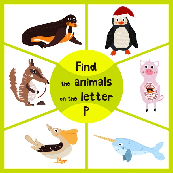 Divertido juego de laberinto de aprendizaje, encontrar los 3 animales salvajes lindos con la letra P, pingüino ártico, ave marina pelícano y cerdos domésticos. Página educativa para niños. Vector — Vector de stock