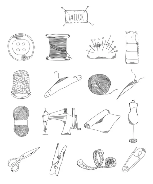 Επαγγελματική συλλογή από εικόνες και στοιχεία. Ορίστε το ράψιμο, ράφτης χέρι συντάσσονται στοιχεία doodles απομονώνονται σε λευκό φόντο. Διάνυσμα — Διανυσματικό Αρχείο