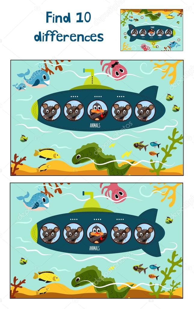 Cartoon Vector Illustration of Education to find 10 differences in a colorful kid-friendly illustrations, the submarine floats with cute animals. Matching Game for Preschool Children. Vector