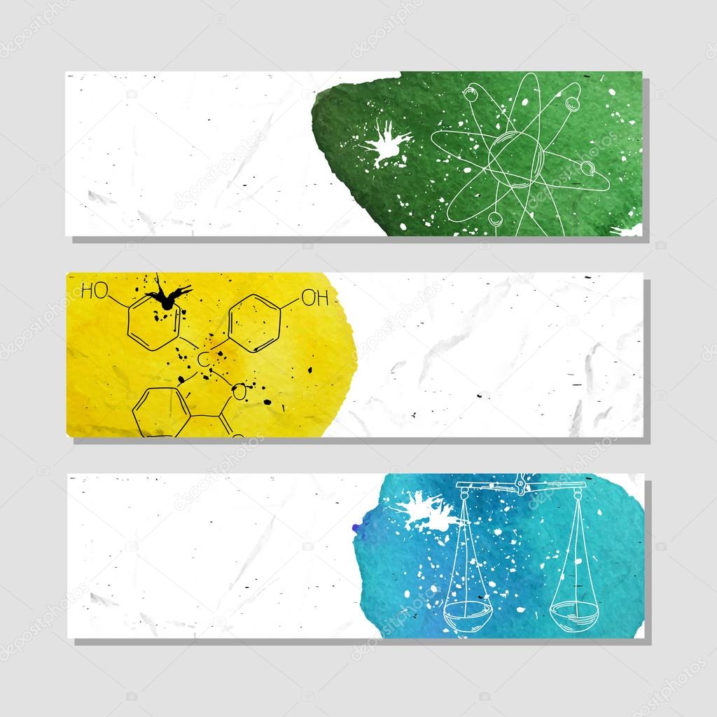 Isolated advertising banner in paper style with colorful watercolor stains. The attributes of scientific experiments in chemistry and biology . Vector