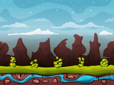 Seamless cartoon nature landscape, unending background with ground, bushes on the background of mountains and rocks with cloudy sky layers. Vector clipart