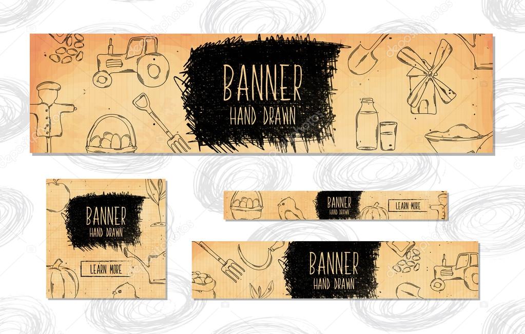 Web Banners for websites 4 different sizes in retro style hand drawn. The cultivation of farm animals and plants. Vector
