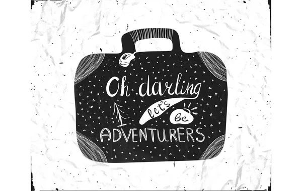 Cartel tipográfico de letras a mano inscrito en la silueta de una maleta para viajar. Oh, cariño vamos a ser aventura . — Archivo Imágenes Vectoriales