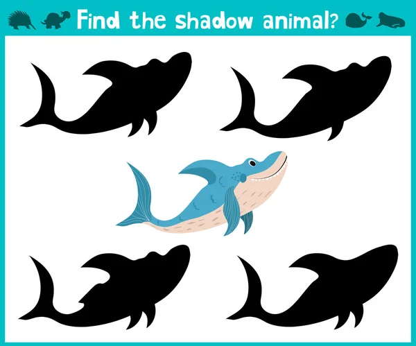 Niños educacionales juego de dibujos animados para niños en edad preescolar. Encuentra la sombra adecuada lindos tiburones marinos. Vector — Vector de stock