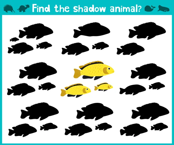 Educational children cartoon game for children of preschool age. Find the right shade of cute aquarium fish. Vector — Stock Vector