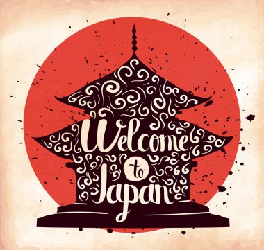 Renkli retro el yazısı seyahat ve macera yurtdışında tema bir poster. Japonya kültürüne aşinalık. Vektör