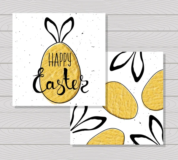 Tarjeta imprimible colorida para Pascua con huevos de Pascua y orejas de conejo sobre fondo de madera. Vector — Vector de stock