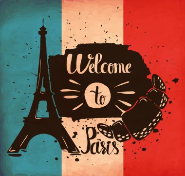 El yazı seyahat ve macera yurtdışında konulu poster var. Fransa ve Paris ilgi. Vektör