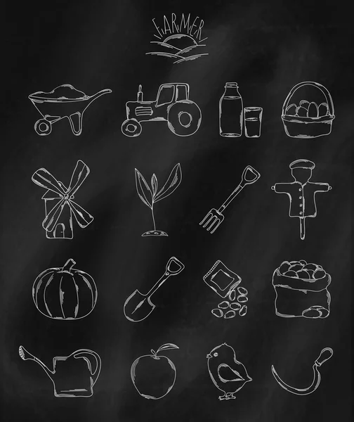 Liniowe ikony rysowane ręcznie na planszy kreda. Akcesoria należące do rolnika lub agronoma. Wektor — Wektor stockowy