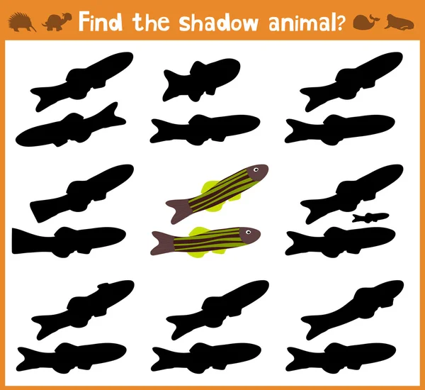 Dibujos animados vector ilustración de la educación encontrará adecuada sombra silueta animal peces. Juego a juego para niños en edad preescolar. Vector — Vector de stock