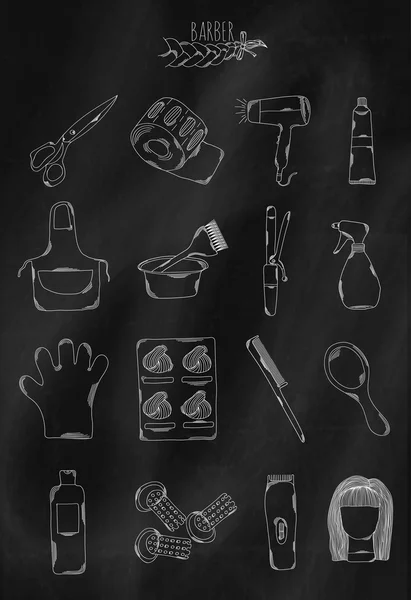 Lineaire hand getekende pictogrammen op Chalk Board. Accessoires die behoren tot de kapper om mens en Womens kapsels te creëren. Vector — Stockvector
