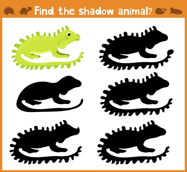 Dibujos animados vector ilustración de la educación encontrará adecuada sombra silueta animal iguana. Juego a juego para niños en edad preescolar. Vector — Archivo Imágenes Vectoriales