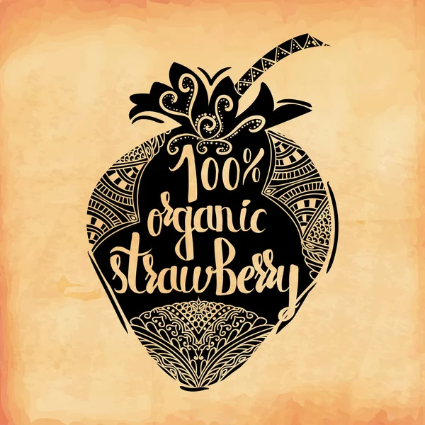 Kleurrijke vintage print van het ornament in het silhouet van vegetarische bessen. Zoete 100 procent biologisch aardbei. Vector — Stockvector