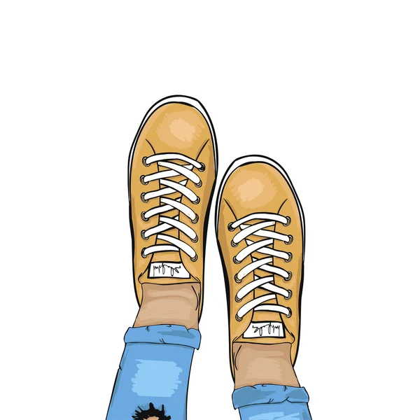 Zomer trendy sport schoenen. Voeten in sport schoenen sneakers. Meisje in gescheurde jeans en sneakers. Vector — Stockvector