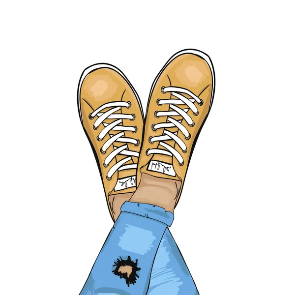 Zomer trendy sport schoenen. Voeten in sport schoenen sneakers. Man in gescheurde jeans en sneakers rusten. Vector — Stockvector