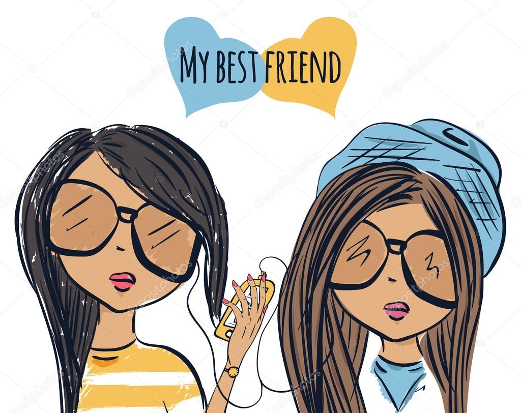 Fun fashionable girl friend. Fashion girls. Best friends listen to music.  Vector Stock Vector Image by ©Alyonka_lis #117153370